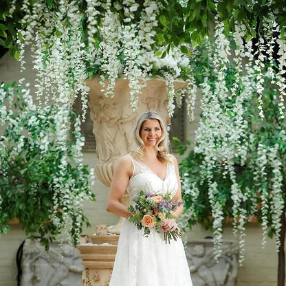 24 Pack White Wisteria Hanging Flowers Garland, 3.77 Feet Artificial Flower Vines, Fake Wisteria, Artificial Vines Hanging Garland for Backdrop Outdoor Yard Garden Decor