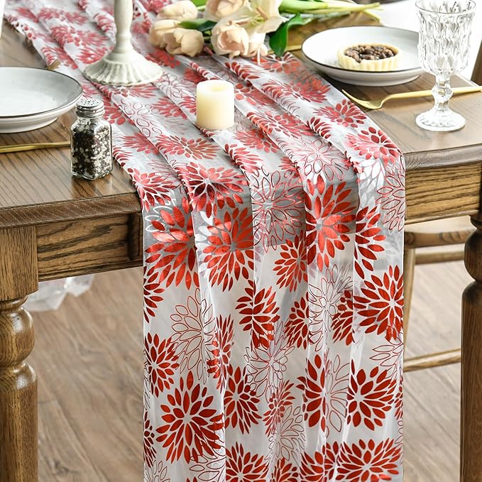 Artoid Mode Beige Red Dahlia Flower Gauze Table Runner 120 Inch 10FT, Glitter Metallic Foil Seasonal Sheer Dining Holiday Table Decor for Home Party