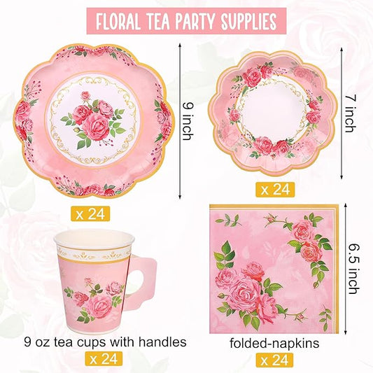 96 Pieces Floral Paper Tea Cups and Saucers 9 Oz Teacups with Handle 9 Inch and 7 Inch Paper Plates Saucers Napkins Disposable Tea Party Supplies Serve 24 for Wedding Baby Shower Party, Pink