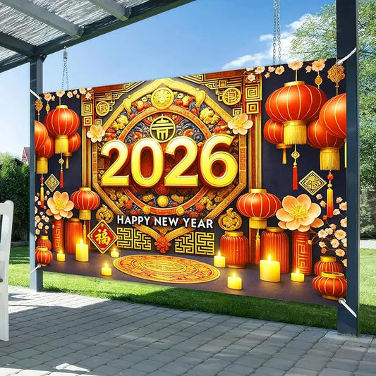 Chinese New Year Banner 71x43 Inch Spring Festival Wall Decoration 2026 Lunar New Year Background with Red Lanterns Gold Fu Character Oriental Pattern for Party Photo Booth Indoor Display