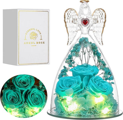 Mothers Day Rose Gifts for Women, Large Angel Figurines with Real Roses, Preserved Real Flower Rose for Her - Aqua Blue
