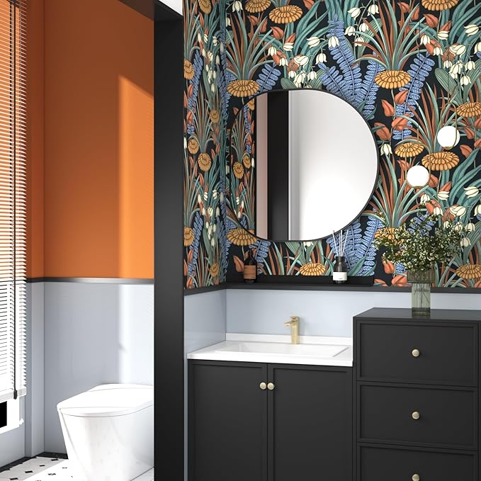 Boho Floral Peel and Stick Wallpaper Vintage Botanical Wallpaper, Self Adhesive Wall Mural 17.5" x 118" Tropical Rainforest Wall Paper for Bedroom Walls Cabinet (Black, Orange, Blue)