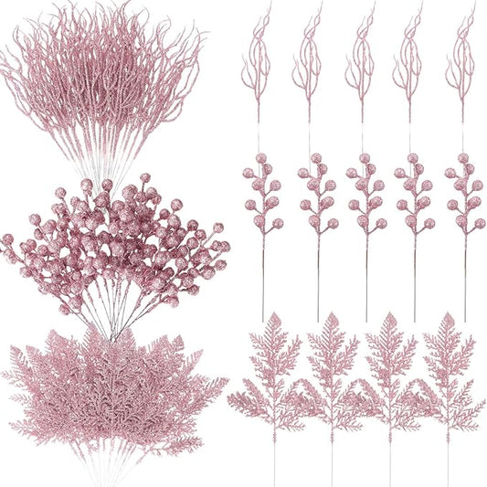 75 Pcs Christmas Glitter Branches 3 Styles Artificial Christmas Picks Berries Stems Pine Needles Floral Twig Spray for Xmas Tree Ornaments DIY Wreath Garland(Light Pink)