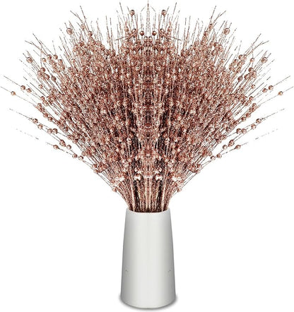 Geosar 30 Pcs Christmas Artificial Glitter Berry Stem Decorations 17 Inch Faux Stick Floral Pick Centerpiece Bouquet Flower Bead Twigs for Centerpiece Tree Wreath Xmas Ornaments Home(Rose Gold)