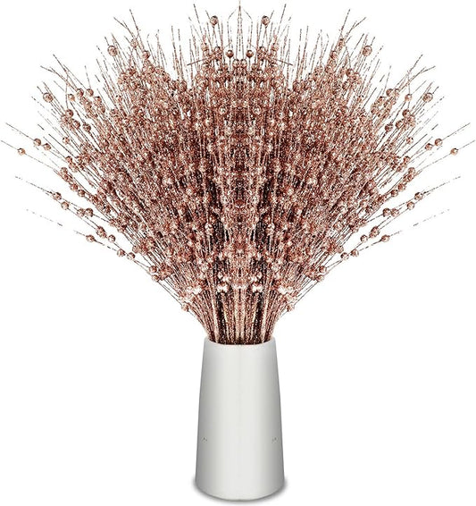 Geosar 30 Pcs Christmas Artificial Glitter Berry Stem Decorations 17 Inch Faux Stick Floral Pick Centerpiece Bouquet Flower Bead Twigs for Centerpiece Tree Wreath Xmas Ornaments Home(Rose Gold)