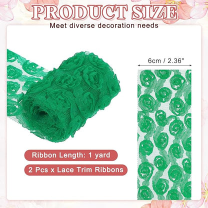 uxcell 2PCS Lace Trim Ribbon, 2.36 inch - 1 Yard 3D Rose Floral Embroidery Ribbons Edge Trimming for Sewing, Wedding Dress, DIY Crafts, Decoration Accessories, Dark Green