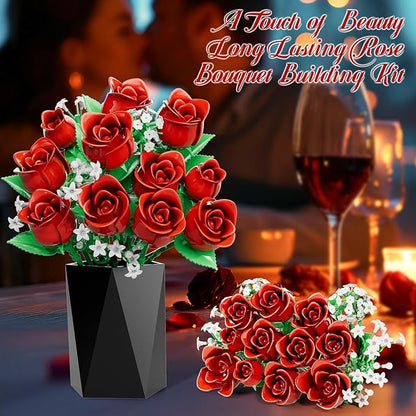 Flowers Bouquet Building Sets for Adults, for Her and Him Mother's Day Valentines Birthdays Gift, Botanical Collection DIY Rose Toy Kit, Home Office Decor