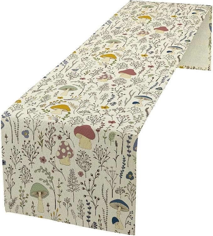 Mushroom Table Runner, Boho Floral Rustic Wildflower Herbs Plants Colorful Botanical Green Leaves Table Runner for Home Party Indoor Outdoor Decor Kitchen Dining Table, 13x60inch