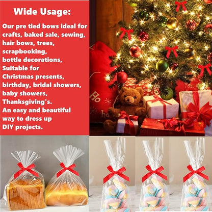 100 Pieces Red Bow Twist Ties for Bags, Satin Twist Tie Bows for Cake Pops, Twist Bows for Treats, Pre Tied Bows for Gifts Wrapping, Ribbon Bows, Pretied Bows Ties for Christmas Gift Wrap Bows