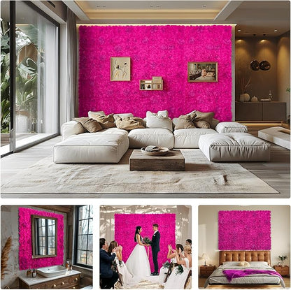 Artificial Flower Wall Backdrop 9 PCs of 16.5x16.5 Inch Floral Wall Panels 3D Silk Rose Wall Decor for Weddind Stage Party Photo Background Home Decoration-Barbie Pink