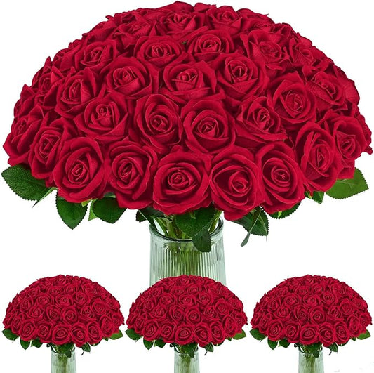 BLEUM CADE 100 Pcs Red Roses Artificial Flowers, Real Touch Velvet Roses Fake Flowers Bulk, Artificial Roses Bouquet with Long Stems Bridal DIY Wedding Party Centerpiece Decorations