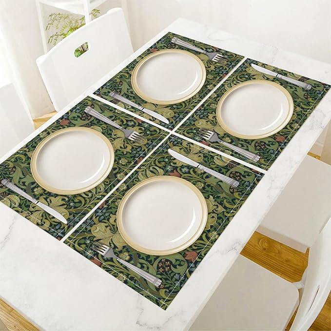 Vintage Floral Placemats Set of 6, William Morris Retro Boho Botanical Plant Place Mats, Heat Resistant Non Slip Cotton Linen Dining Table Mats for Home Kitchen Party 18x12 Inch