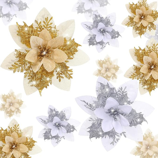 Geosar 24 Christmas Glitter Artificial Poinsettia Flowers Xmas Poinsettia Wedding Flowers Decorations Xmas Tree Ornaments with Clips for Party Favors, 6 Inch, 4 Inch, 3 Inch(Gold and Sliver)
