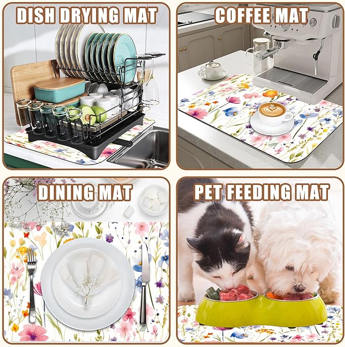 Watercolor Floral Meadow Coffee Mat Absorbent Dish Drying Mat for Kitchen Counter Hide Stain Rubber Backed Coffee Bar Accessories Fit Under Espresso Machine, 15.7 x 23.6 Inch