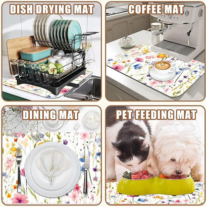 Watercolor Floral Meadow Coffee Mat Absorbent Dish Drying Mat for Kitchen Counter Hide Stain Rubber Backed Coffee Bar Accessories Fit Under Espresso Machine, 15.7 x 23.6 Inch