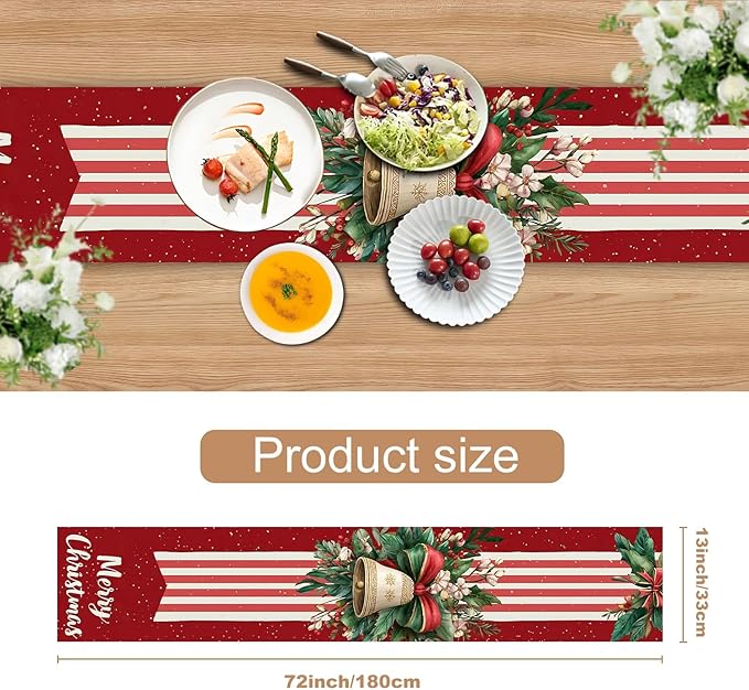 Christmas Table Runner– Elegant Merry Christmas Design with Golden Bell, Greenery & Red Bow, Festive Holiday Table Decoration for Dining Table, Kitchen & Home Décor