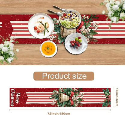 Christmas Table Runner– Elegant Merry Christmas Design with Golden Bell, Greenery & Red Bow, Festive Holiday Table Decoration for Dining Table, Kitchen & Home Décor