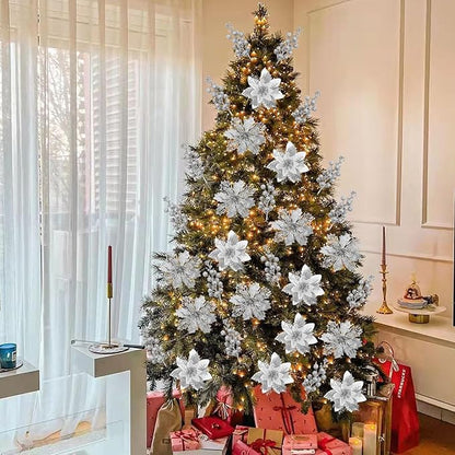Sawowkuya 22 Pcs Silver Christmas Poinsettia Artificial Flowers and Glitter Berries Stems Kit, Christmas Poinsettias Decorations and Christmas Tree Ornaments for Xmas Home Wedding Holiday Tree Decor