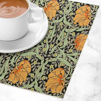 William Morris Placemats Farmhouse Sage Green Orange Vintage Floral Art Printed Dining Table Mats Set of 4 for Home Kitchen Holiday Picnic Party Decoration 12x18in