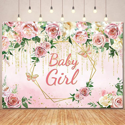 Pink Rose Flower Baby Girl Baby Shower Backdrop Party Decorations,Blush Floral It's Sweet Girl Backdrops Banner Photography Background for Princess Baby Shower Party Photo Booth Supplies 8x6ft