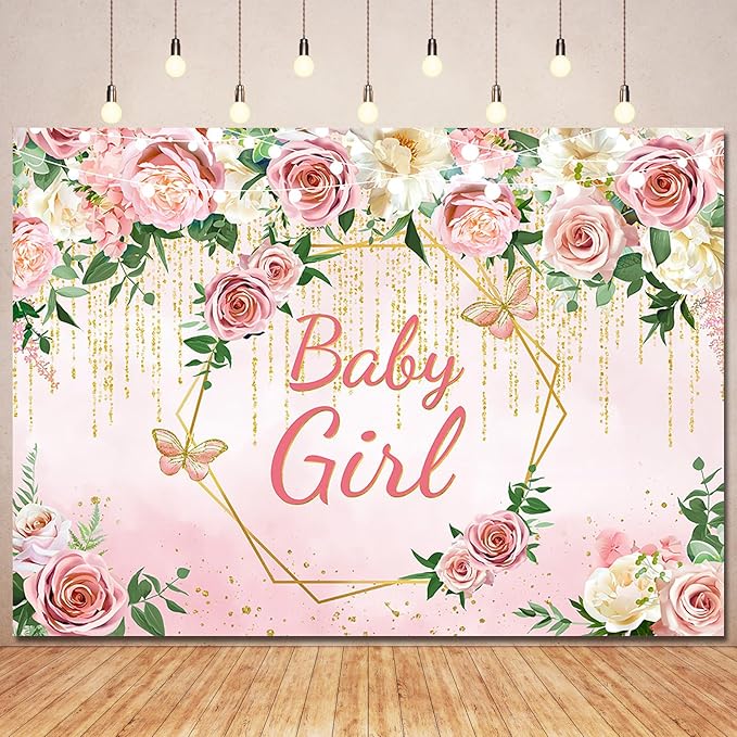 Pink Floral Baby Girls Baby Shower Backdrop Banner Decorations,Blush Rose Flower It's Baby Girl Backdrops Banner Photography Background Princess Baby Shower Party Photo Booth Supplies 5x3ft