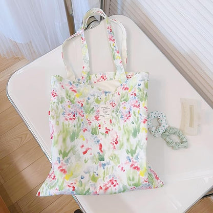 Cotton Canvas Tote Bag Reusable Soft Grocery Cloth Bag Floral Shoulder Bag for Beach Travel Shopping