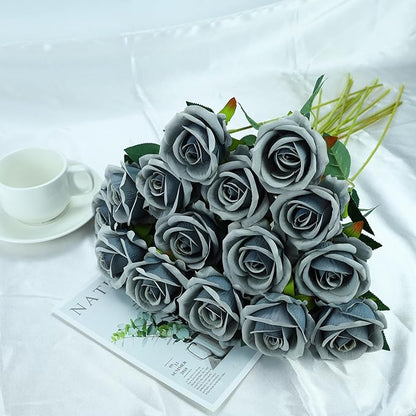 SITUMEIZI 15PCS Artificial Roses Silk Flowers Fake Roses Realistic Bouquet Long Stem with Gift Box for Mother's Gift Day Home Party Wedding Decorations(Silver)