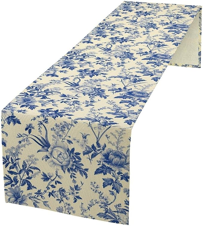 Vintage Blue Floral Table Runner, Retro Country Flowers Botanical Design Table Runner for Kitchen Dining Home Party Outdoor Indoor Decor, 13x36 Inch