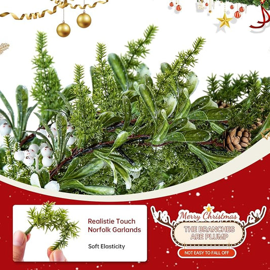 6FT Christmas Garland – Artificial Greenery Olive Garland with White Berries, Pinecones & 20 Warm LED Timer Lights – Holiday Garland for Home, Wedding, Party Decorations