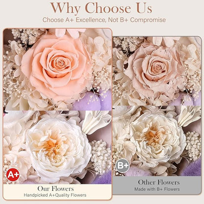 Forever Flowers Bouquet with Cute Doll - Preserved Flowers for Delivery, Real Eternal Roses Bouquet for Mothers, Mom, Girlfriend, Wife Anniversary Birthday Gifts for Women Men