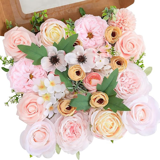 Senseya Artificial Flowers Combo, Blush Pink Silk Roses, Peonies, Dahlias with Stems for DIY Wedding Bouquets, Baby Shower, Table Centerpieces, Home Decor, Fake Floral Arrangements, Party Decorations