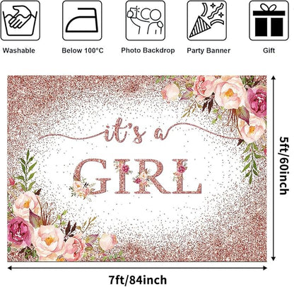 Avezano Rose Gold Baby Shower Backdrop for Girls Party Blush Pink Floral It's a Girl Photography Background Glitters Confetti Decoration Photoshoot Events Banner (7x5ft)