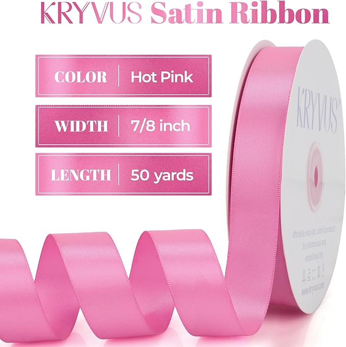 Hot Pink Satin Ribbon, Double Faced 7/8 Inch X 50 Yards Hot Pink Ribbon, Premium Satin Ribbons for Gift Wrapping, Crafts, Hair Bow Making, Sewing, Flower Bouquet, Wedding Party Decor