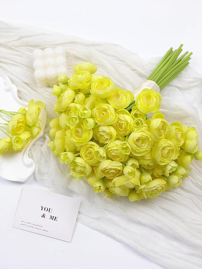 Meldel 32Pcs Ranunculus Artificial Flower Mini Rose, Faux Yellow Ranunculus Flowers for DIY Bouquet, Bulk Fake Peony Wedding Filler Flowers for Centerpieces Arrangements Bridal Shower Decorations