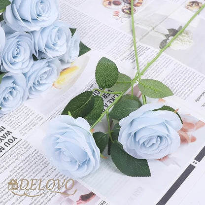 52pcs Light Blue Roses Artificial Flowers Fake Flowers Silk Roses with Stems for DIY Wedding Bouquets Bridal Shower Centerpieces Arrangements Party Decorations