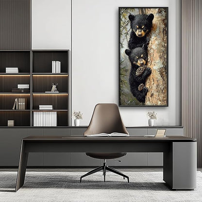 Cabin Bear Large Wall Art Black Bear Cubs Pictures Wall Decor Rustic Forest Animals Lodge Canvas Prints Wildlife Painting Framed Artwork Decoration for Nursery Bedroom Living Room Office 30"x60"