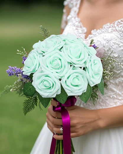 DuHouse 50Pcs Artificial Roses Flowers Fake Roses with Stems Real Touch Foam Flowers for DIY Wedding Bouquet Baby Shower Centerpiece Floral Arrangement Party Home Decor(Mint Green)