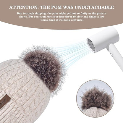 FENELY Women's Knitted Warm Beanie Winter Hat, Warm Chunky Snow Hat with Pompom