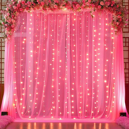 10ft x 10ft Hot Pink Tulle Photo Backdrop Curtain with Lights String for Parties Wedding Sheer Fuchsia Curtain Backdrop for Birthday Party Bridal Shower Photo Booth Photography Background Decorations