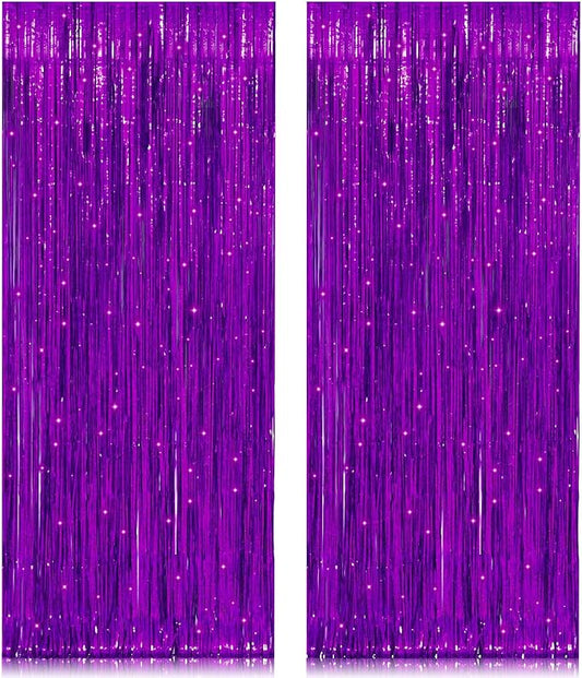 2 Pack 3.2ft x 8.2ft Purple Metallic Tinsel Foil Fringe Curtains, Large Photo Booth Backdrop Streamer Curtain for Party Door Wall Curtains Wedding Bachelorette Birthday Christmas New Year Decorations