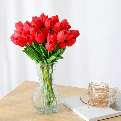 SITUMEIZI 15pcs Red Fake Tulips Artificial Flowers Real Touch Red 14" Silk Flower for Home Kitchen Decor Spring Easter Wedding Bouquet Decorations Office Valentine's Day Gifts