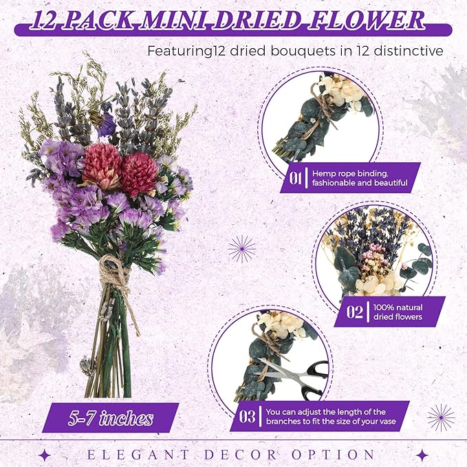 Layhit 12 Pack Boho Dried Flower Bouquet Mini Wedding Handmade Dry Flowers Decor for Vase Crafts DIY Photo Boutonniere for Men Floral Plant for Bridesmaid Gift Birthday Decor(Romantic)