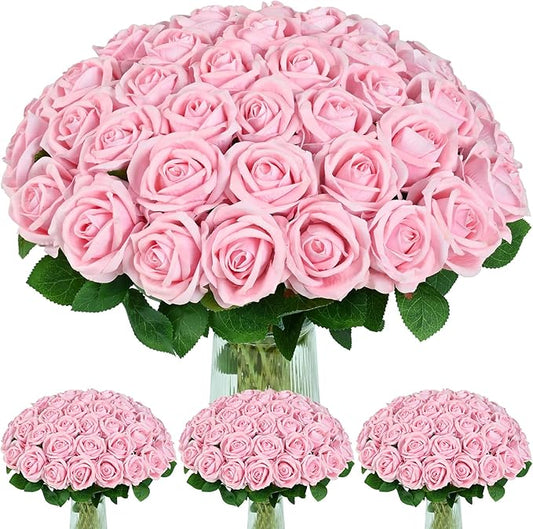 BLEUM CADE 100 Pcs Pink Roses Artificial Flowers, Real Touch Velvet Roses Fake Flowers Bulk, Artificial Roses Bouquet with Long Stems Bridal DIY Wedding Party Centerpiece Decorations