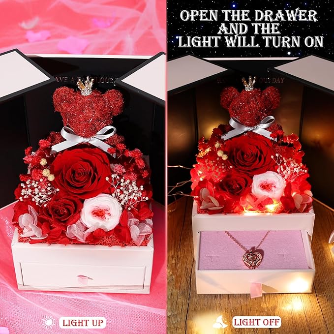 Gifts for Mom Grandma Christmas Birthday Preserved Flowers Roses with Heart Necklace Fresh Flowers for delivery Prime Eternal Forever Flower Box Xmas Gifts for Women Mother Her Wife from Daughter