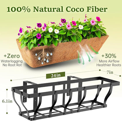 Railing Planter Boxes, Heavy Duty Window Box Planters, Adjustable Balcony Planters for Railing Hanging, with Coco Liner & Support Rod for Deck, Porch, and Patio Gardening (3 Pack, 24 Inch)