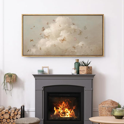 SIGNFORD Extra Large Framed Canvas Print Wall Art Butterflies in the Clouds Dreamy Sky with Flying Butterflies Illustrations Modern Art Relax/Calm Warm for Living Room, Bedroom, Office - 60"x30"