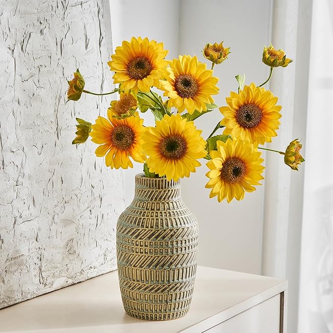 Modern White Ceramic Vase, Boho Flower Vases for Decor, 5.1" W x 8.7" H Modern Vase with Textured Pattern Table Centerpiece for Living Room Office Bedroom (Turquoise Vase)