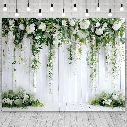 10x6.5ft White Flower Backdrop Green Leaves Wedding Bridal Shower Photography Background Floral Rustic Wood Wall Birthday Party Banner Decorations Reception Ceremony Portrait Photo Booth Prop