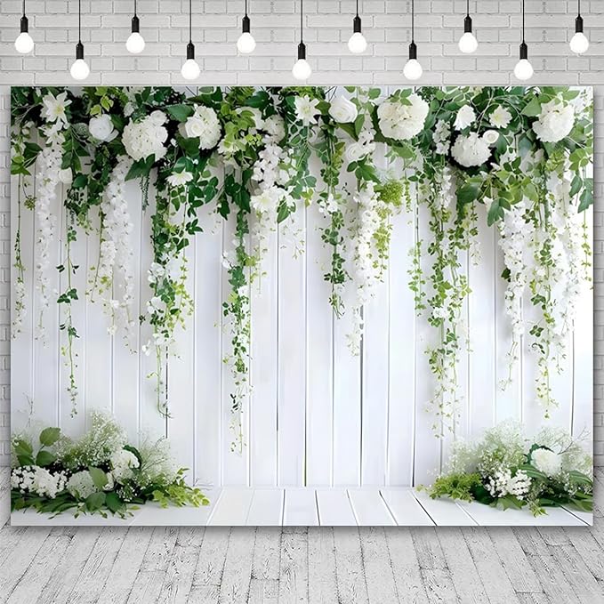 5x3ft White Flower Backdrop Green Leaves Wedding Bridal Shower Photography Background Floral Rustic Wood Wall Birthday Party Banner Decorations Reception Ceremony Portrait Photo Booth Prop