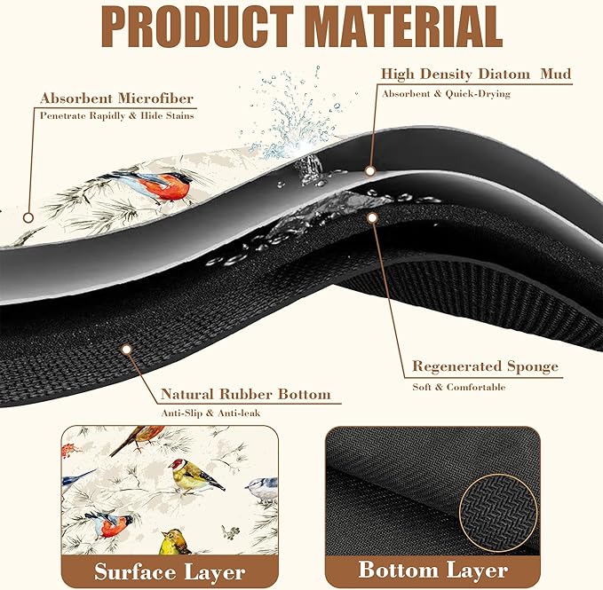 Cute Birds Coffee Mat Absorbent Dish Drying Mat for Kitchen Counter Hide Stain Rubber Backed Coffee Bar Accessories Fit Under Espresso Machine Dish Drainer, 15.7 x 23.6 Inch